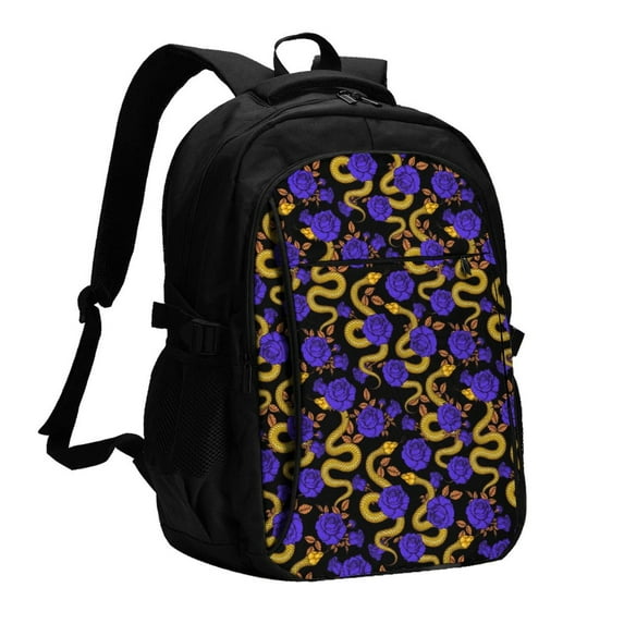 Daiia Golden Snake And Purple Rose Pattern USB Charging Backpack for Men and Women, Anti-Theft Backpack,Travel Backpack,School Backpack,College Backpack,Laptop Backpack