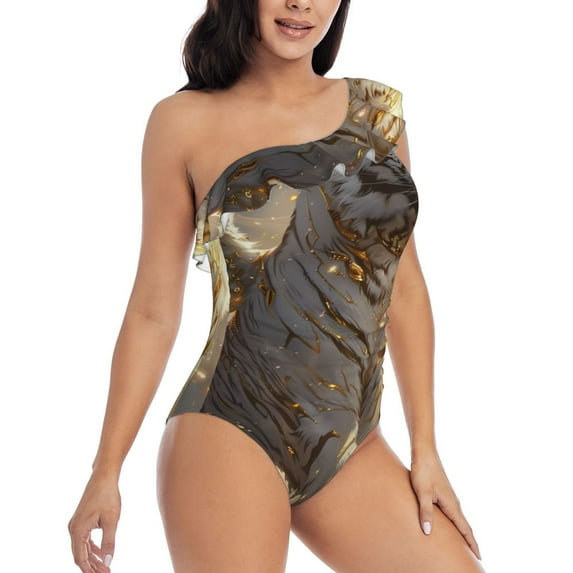 Daiia Golden White Tiger Women's One Piece Swimsuits Personalized One Shoulder Swimwear Asymmetric Ruffle Bathing Suits-Medium