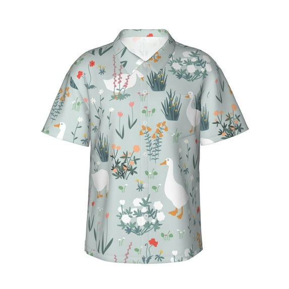 Daiia Goose and Doodle Flowers Hawaiian Shirt for Men Gentle Cotton Regular Short Sleeve Casual-Small