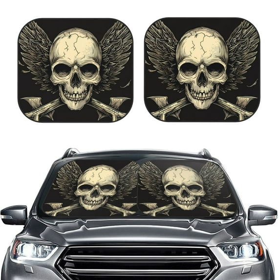 Daiia Gothic Winged Skull 2PCS Car Windshield Sun Shade, Foldable Sun Shield for Car Front Window, Auto Sun Blocker Visor Protector Universal for Truck SUV Pickup-Medium