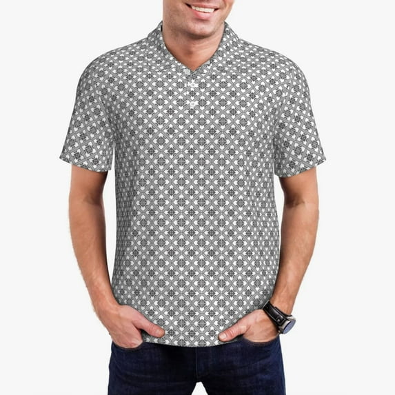 Daiia Gray Plaid Pattern Men’s Polo Shirts,Solid Deck Shirt,Classic Fit, Breathable Cotton Polo for Casual and Sport Wear-Medium
