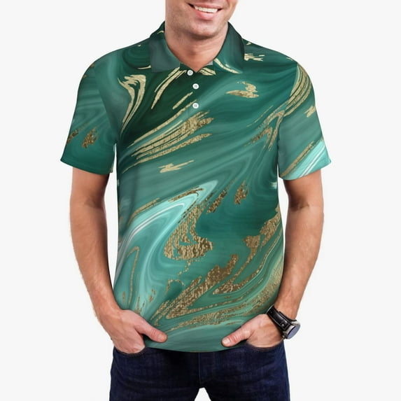 Daiia Green And Gold Marble Pattern Men’s Polo Shirts,Solid Deck Shirt,Classic Fit, Breathable Cotton Polo for Casual and Sport Wear-Large