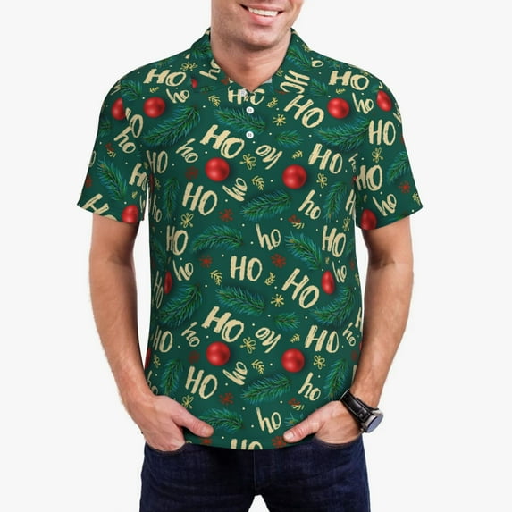 Daiia Green Background With Ho Pattern Men’s Polo Shirts,Solid Deck Shirt,Classic Fit, Breathable Cotton Polo for Casual and Sport Wear-Small