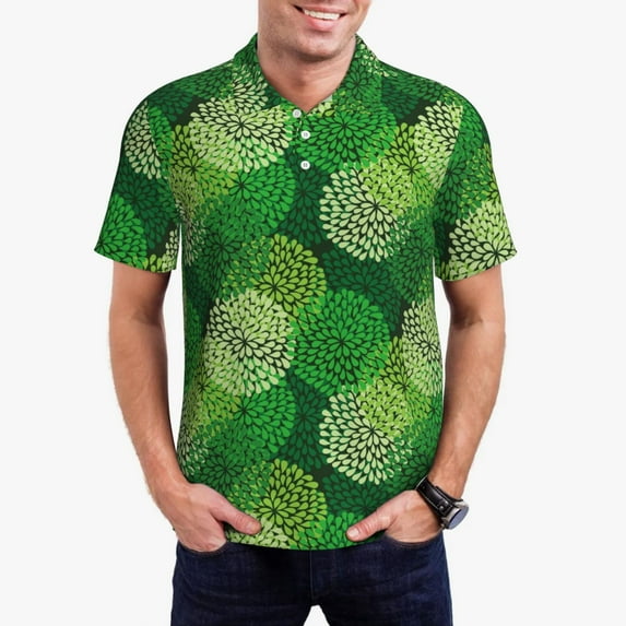 Daiia Green Flower Pattern Men’s Polo Shirts,Solid Deck Shirt,Classic Fit, Breathable Cotton Polo for Casual and Sport Wear-3X-Large
