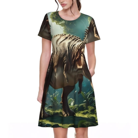 Daiia Green Forest Dinosaur Print Women's Dresses 2025 Trendy Short sleeve Dresses Casual Baggy Flowy Maxi Sun Dresses