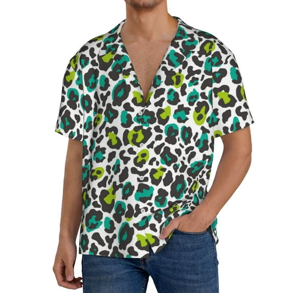 Daiia Green Leopard Men's Linen Shirts Short Sleeve Casual Shirts Button Down Shirt for Men Beach Summer Wedding Shirt-Medium