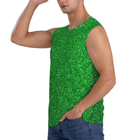 Daiia Green Sparkling Shiny Printed Men's Tank Tops,Casual Soft Sleeveless Gym Muscle Shirts Bodybuilding Tee-Large