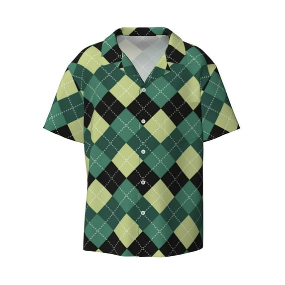 Daiia Green Squares Men's Linen Shirts Short Sleeve Casual Shirts Button Down Shirt for Men Beach Summer Wedding Shirt-Large