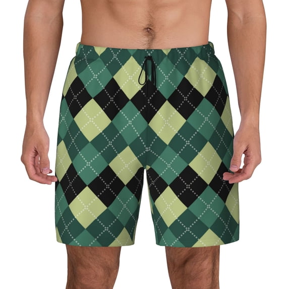 Daiia Green Squares Mens Swim Trunks Swim Shorts Quick Dry Swim Shorts with Mesh Lining Pockets-Medium