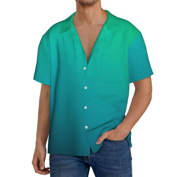 Daiia Green Turquoise Teal Men's Linen Shirts Short Sleeve Casual Shirts Button Down Shirt for Men Beach Summer Wedding Shirt-Large