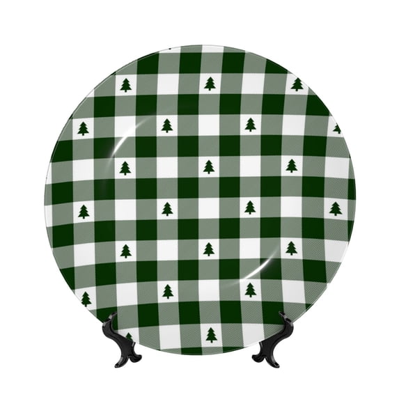 Daiia Green White Christmas Tree Lumberjack Plaid Printed Pattern Ceramic Plate Dinner Plates Bone China Decorative Plates with Display Stand Art Ceramic Ornaments for Wall Hanging Decoration-6in