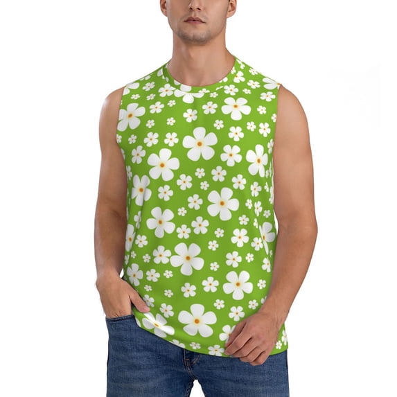 Daiia Green White Flowers Printed Men's Tank Tops,Casual Soft Sleeveless Gym Muscle Shirts Bodybuilding Tee-Large