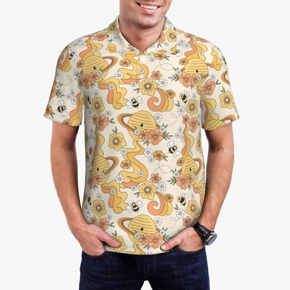 Daiia Groovy Floral Pattern Men’s Polo Shirts,Solid Deck Shirt,Classic Fit, Breathable Cotton Polo for Casual and Sport Wear-XX-Large