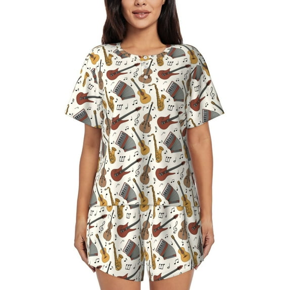 Daiia Guitar Pattern Womens Pajama Sets Short Sleeve Pajamas for Women Sets Soft Lounge Sets Casual Round Neck Sleepwear PJS-3X-Large