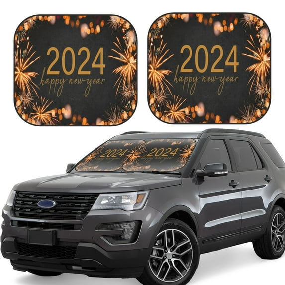 Daiia HAPPY NEW YEAR 2024 2PCS Car Windshield Sun Shade, Foldable Sun Shield for Car Front Window, Auto Sun Blocker Visor Protector Universal for Truck SUV Pickup-Large