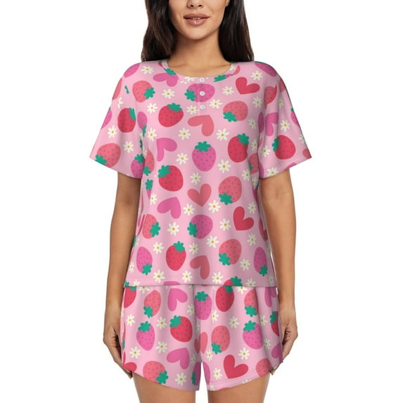 Daiia Haear Strawberry Pattern Womens Pajama Sets Short Sleeve Pajamas for Women Sets Soft Lounge Sets Casual Round Neck Sleepwear PJS-Medium