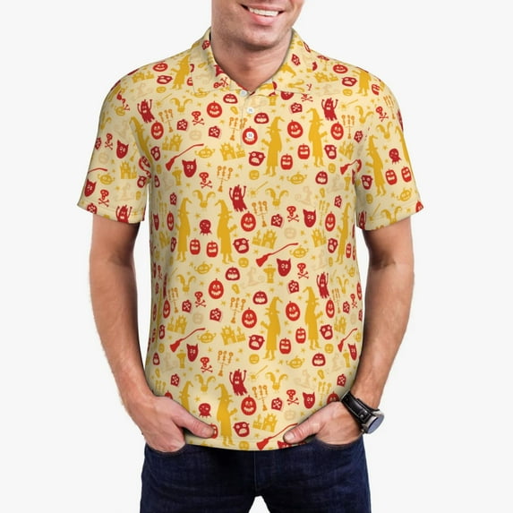 Daiia Halloween Elements Pattern Men’s Polo Shirts,Solid Deck Shirt,Classic Fit, Breathable Cotton Polo for Casual and Sport Wear-Large