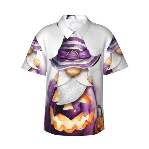 Daiia Halloween Gnome With Pumpkins Hawaiian Shirt for Men Gentle Cotton Regular Short Sleeve Casual-X-Large