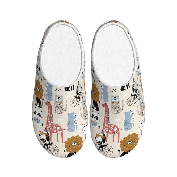 Daiia Hand Drawn Animals Print Women’s Fuzzy Slippers Memory Foam Lightweight House Shoes Cozy Loafer Flannel House Shoes-44/45