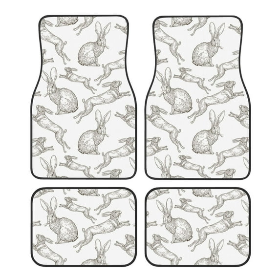 Daiia Hand Drawn Rabbit Printed Car Floor Mats Set of 4, Durable Non Slip Auto Floor Carpet, Car Interior Carpets Proof Foot Pads Anti-Slip Cushion Automoetive Accessories