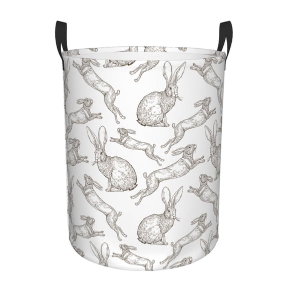Daiia Hand Drawn Rabbit Round Laundry Basket with Handles Thickened Waterproof Circular hamper,Dirty Clothes Storage Basket for Bedroom,Bathroom,College Dorm-Medium