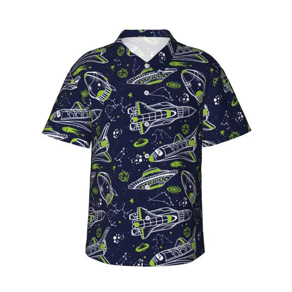Daiia Hand Drawn Rockets Hawaiian Shirt for Men Gentle Cotton Regular Short Sleeve Casual-X-Large