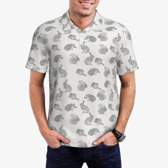 Daiia Hand Drawn Squirrel Pattern Men’s Polo Shirts,Solid Deck Shirt,Classic Fit, Breathable Cotton Polo for Casual and Sport Wear-Small