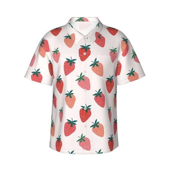 Daiia Hand Drawn Strawberry Hawaiian Shirt for Men Gentle Cotton Regular Short Sleeve Casual-Small