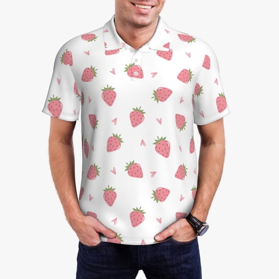 Daiia Hand Drawn Strawberry Pattern Men’s Polo Shirts,Solid Deck Shirt,Classic Fit, Breathable Cotton Polo for Casual and Sport Wear-Small