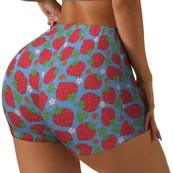 Daiia Hand Drawn Strawberry Pattern Women's Workout Shorts Biker Shorts - High Waisted Workout Spandex Tummy Control Gym Running Yoga Shorts-X-Large