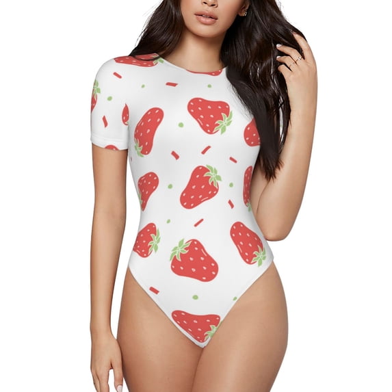 Daiia Hand Drawn Strawberry print Women's Crew Neck Short Sleeve Bodysuit Fashion Tops Fit Casual Basic Extender Bodysuit-Large