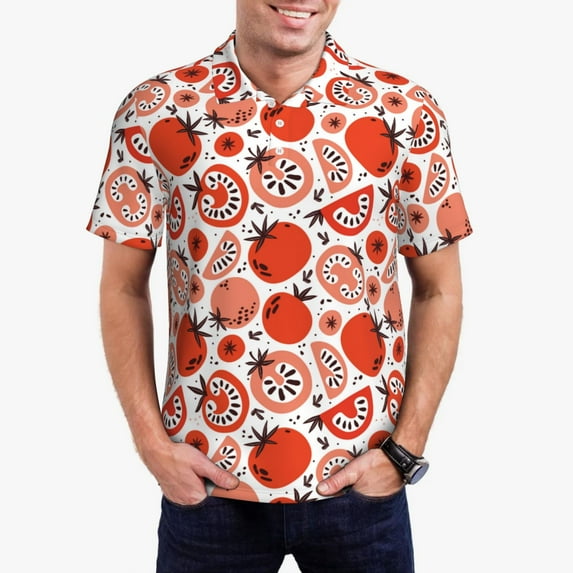 Daiia Hand Drawn Tomatoes Pattern Men’s Polo Shirts,Solid Deck Shirt,Classic Fit, Breathable Cotton Polo for Casual and Sport Wear-4X-Large