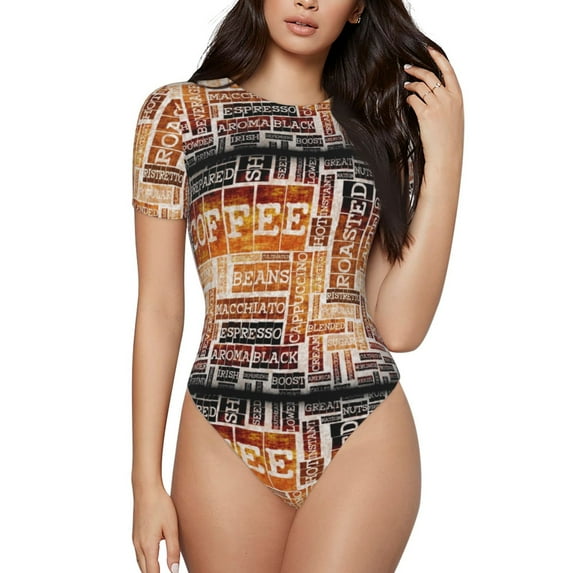 Daiia Hand Drawn Vintage Coffee Women'S Crew Neck Short Sleeve Slim Fit T Shirts Tops Basic Bodysuit Leotard Clothing-Xx-Large
