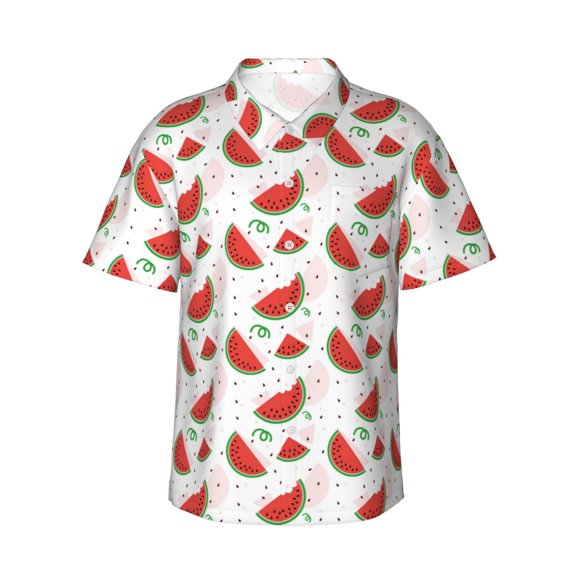 Daiia Hand Drawn Watermelon Hawaiian Shirt for Men Gentle Cotton Regular Short Sleeve Casual-Large