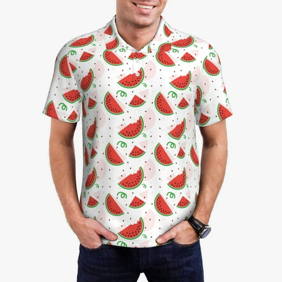 Daiia Hand Drawn Watermelon Pattern Men’s Polo Shirts,Solid Deck Shirt,Classic Fit, Breathable Cotton Polo for Casual and Sport Wear-Small