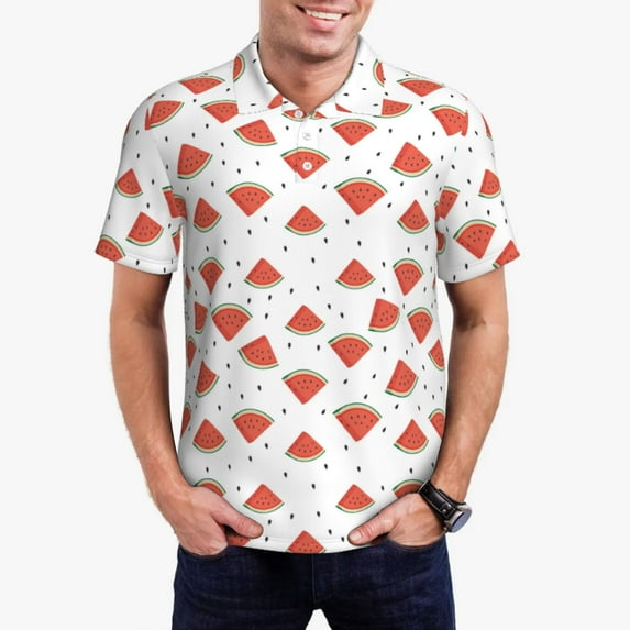 Daiia Hand Drawn Watermelon Pattern Men’s Polo Shirts,Solid Deck Shirt,Classic Fit, Breathable Cotton Polo for Casual and Sport Wear-XX-Large