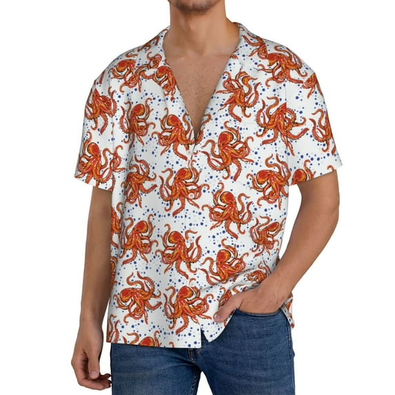 Daiia Hand drawn octopus Pattern Men's Linen Shirts Short Sleeve Casual Shirts Button Down Shirt for Men Beach Summer Wedding Shirt-3X-Large