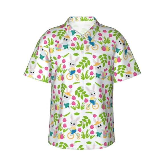 Daiia Happy Easter Hawaiian Shirt for Men Gentle Cotton Regular Short Sleeve Casual-Small