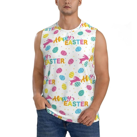 Daiia Happy Easter Printed Men's Tank Tops,Casual Soft Sleeveless Gym Muscle Shirts Bodybuilding Tee-X-Large