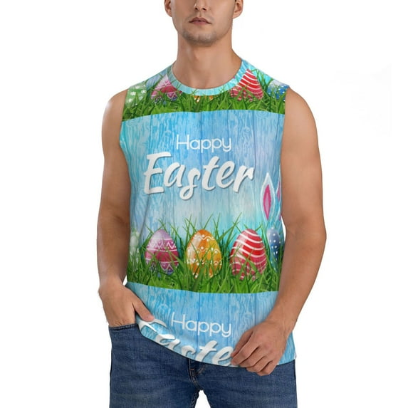 Daiia Happy Easter Printed Men's Tank Tops,Casual Soft Sleeveless Gym Muscle Shirts Bodybuilding Tee-X-Large