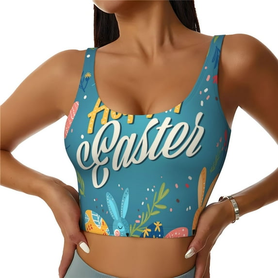 Daiia Happy Easter Printed Women's Sports Bra, Breathable Activewear Bra with U-Back Design and Removable Pads, Comfortable and Supportive for Yoga, Workout-XX-Large