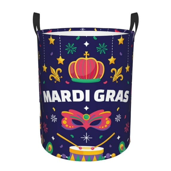 Daiia Happy Mardi Gras Round Laundry Basket with Handles Thickened Waterproof Circular hamper,Dirty Clothes Storage Basket for Bedroom,Bathroom,College Dorm-Small
