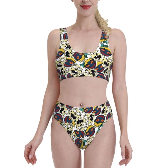 Daiia Happy Skeleton printed 2 piece Swimsuit Bikinis for Women High Waisted Racerback Bathing Suits Summer Tummy Control Scoop Neck Swimwear-Large