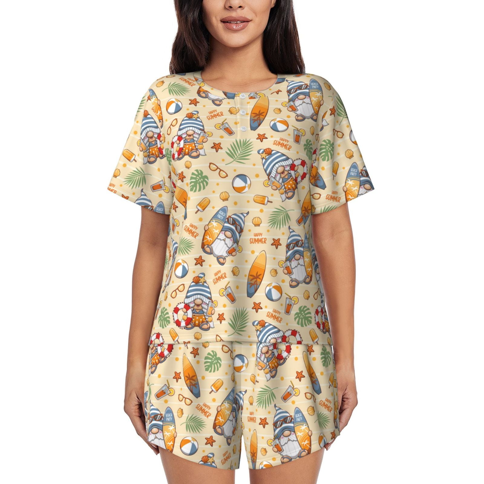 Daiia Happy Summer With Gnome Pattern Womens Pajama Sets Short Sleeve Pajamas for Women Sets