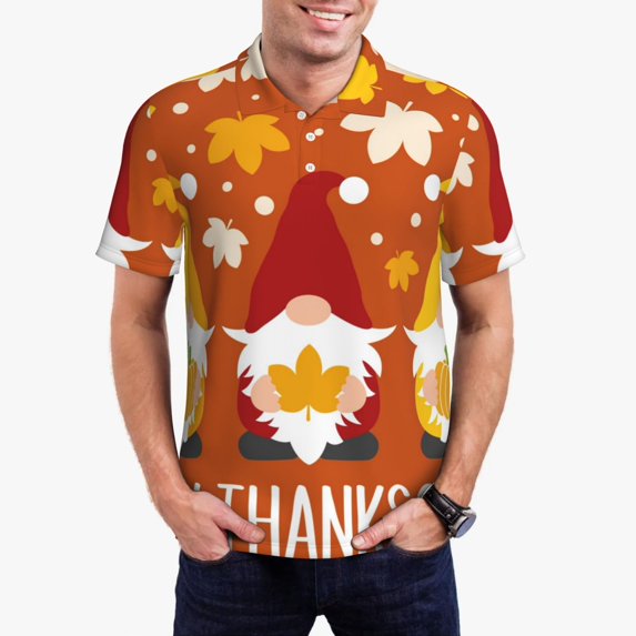 Daiia Happy Thanksgiving Three Gnomes Pattern Men’s Polo Shirts,Solid Deck Shirt,Classic Fit, Breathable Cotton Polo for Casual and Sport Wear-3X-Large