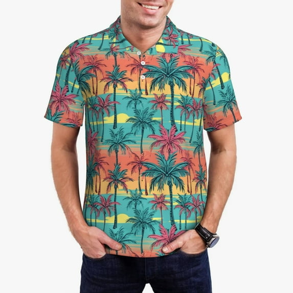 Daiia Hawaii Palms Pattern Men’s Polo Shirts,Solid Deck Shirt,Classic Fit, Breathable Cotton Polo for Casual and Sport Wear-Small