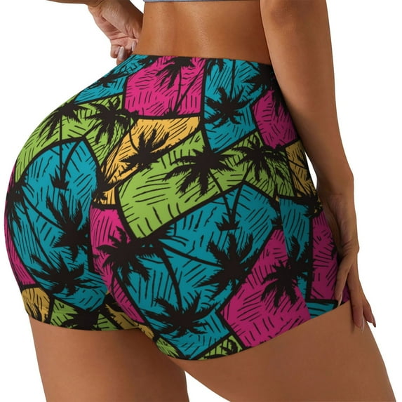 Daiia Hawaii Palms Pattern Women's Workout Shorts Biker Shorts - High Waisted Workout Spandex Tummy Control Gym Running Yoga Shorts-Large