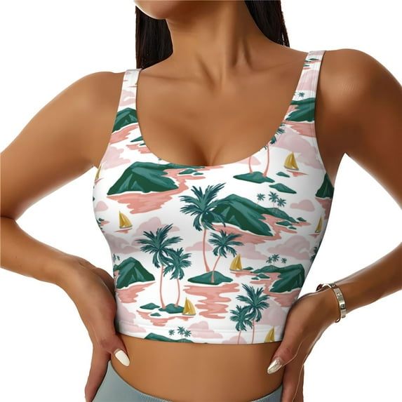 Daiia Hawaii Palms Printed Women's Sports Bra, Breathable Activewear Bra with U-Back Design and Removable Pads, Comfortable and Supportive for Yoga, Workout-Large
