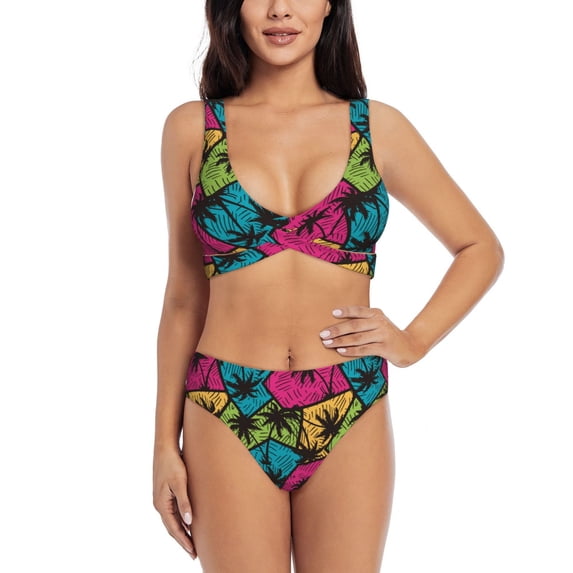 Daiia Hawaii Palms Women's Bikini Set Two Piece Swimsuit High Waisted Bikini Adjustable Straps Bikini Perfect for Beach, Pool, and Summer Vacation-Small