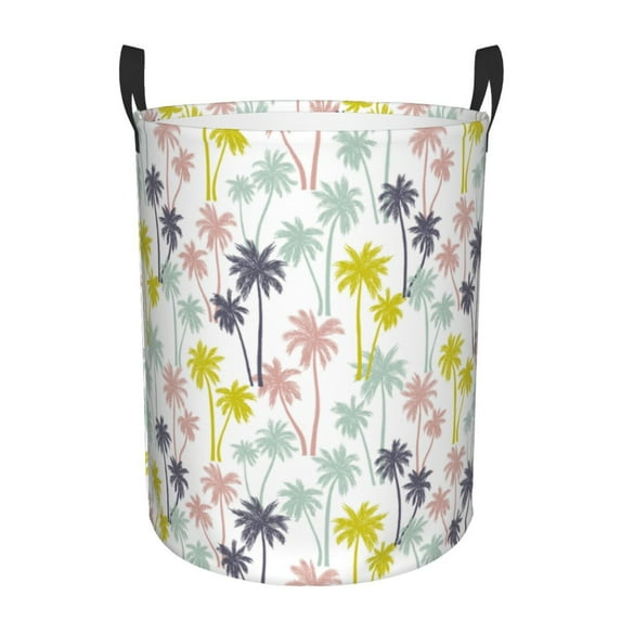 Daiia Hawaiian Coconut Tree Round Laundry Basket with Handles Thickened Waterproof Circular hamper,Dirty Clothes Storage Basket for Bedroom,Bathroom,College Dorm-Medium